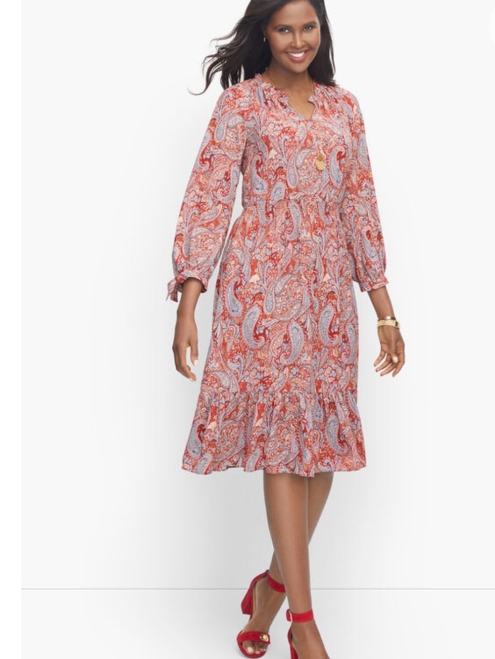 Talbots XS sprinkle paisley split ruffle detail tie arm neck soft midi dress - Picture 3 of 16